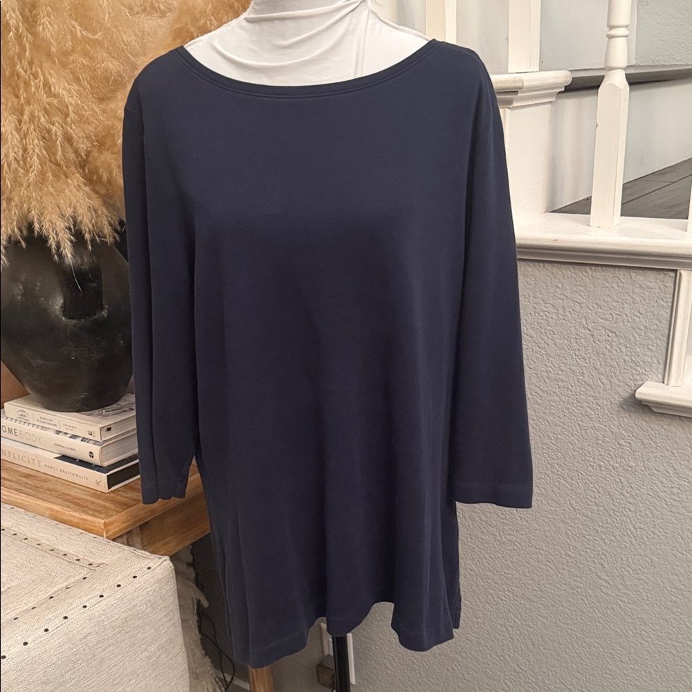 L.L Bean Navy Blue Pima Cotton Crew Neckline Quarter Length Sleeve Tee Top SZ XL
